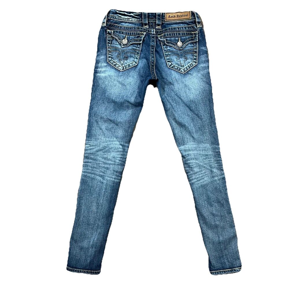 Rock Revival Women’s Skinny Jeans Dark Wash Studded Pockets 27x31